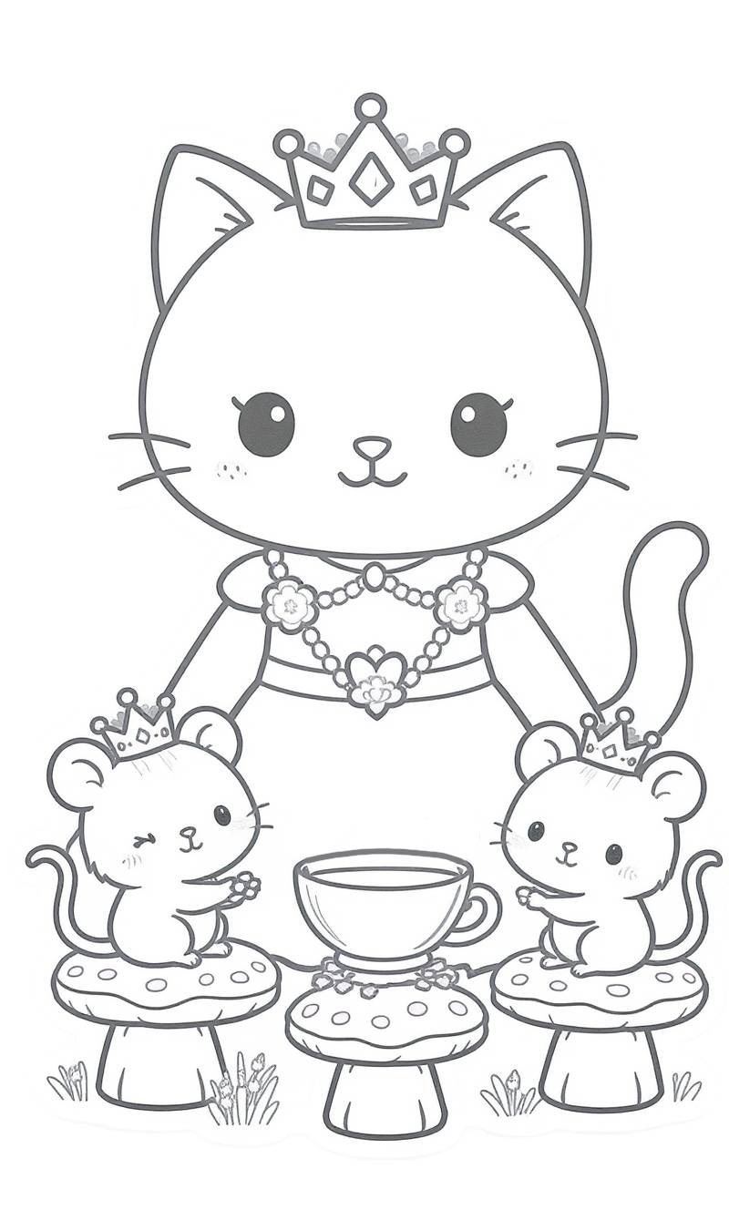 Página para colorear de dibujo lineal en blanco y negro que muestra a una princesa gata coronada y a dos ratones coronados sentados sobre hongos alrededor de una taza de té.