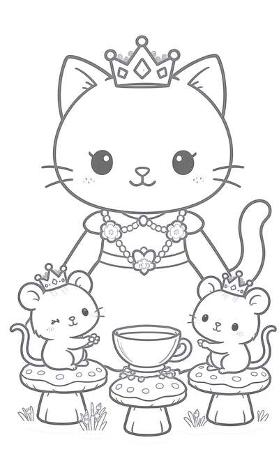 Página para colorear de dibujo lineal en blanco y negro que muestra a una princesa gata coronada y a dos ratones coronados sentados sobre hongos alrededor de una taza de té.