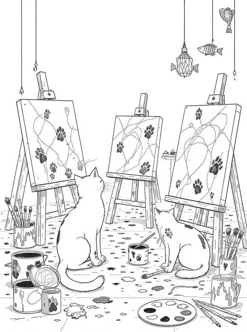 Dos gatos en un estudio de arte pintando diseños de huellas de pata en lienzos, rodeados de botes de pintura, pinceles, paletas y adornos colgantes con forma de pez.