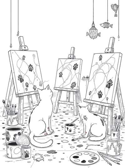 Dos gatos en un estudio de arte pintando diseños de huellas de pata en lienzos, rodeados de botes de pintura, pinceles, paletas y adornos colgantes con forma de pez.