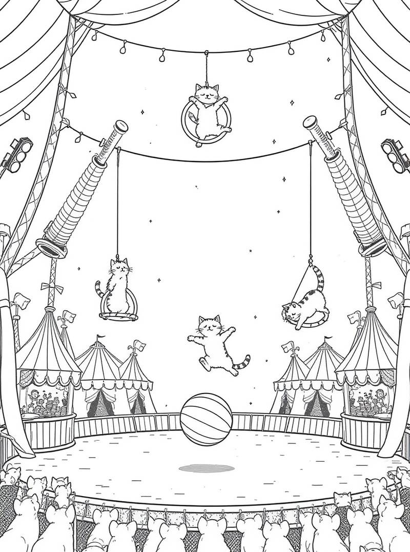 Página para colorear en blanco y negro que muestra la pista de un circo donde gatos realizan trucos acrobáticos en aros aéreos y sobre una gran pelota bajo la gran carpa, con un público de gatos observando.