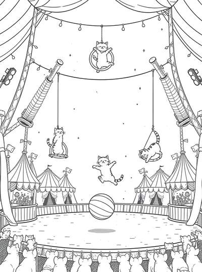 Página para colorear en blanco y negro que muestra la pista de un circo donde gatos realizan trucos acrobáticos en aros aéreos y sobre una gran pelota bajo la gran carpa, con un público de gatos observando.