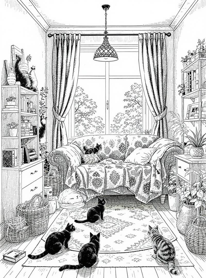 Dibujo lineal en blanco y negro de un acogedor interior de sala de estar con un sofá, una ventana, muchas plantas en maceta, cestas tejidas, una alfombra y varios gatos descansando y sentados.