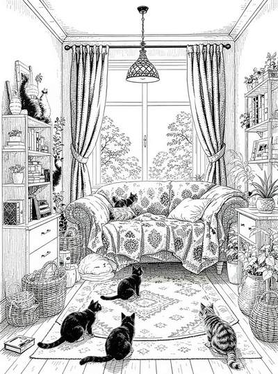 Dibujo lineal en blanco y negro de un acogedor interior de sala de estar con un sofá, una ventana, muchas plantas en maceta, cestas tejidas, una alfombra y varios gatos descansando y sentados.
