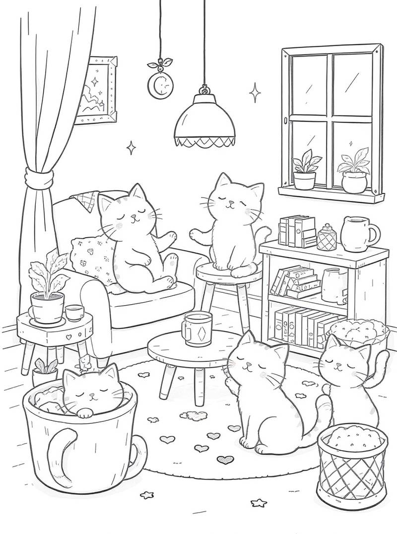 Página para colorear en blanco y negro de cinco gatos contentos relajándose y meditando en una sala de estar acogedora llena de plantas, libros y una taza caliente sobre una mesa de café.