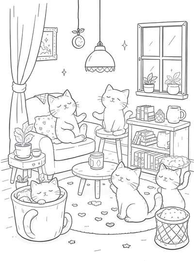 Página para colorear en blanco y negro de cinco gatos contentos relajándose y meditando en una sala de estar acogedora llena de plantas, libros y una taza caliente sobre una mesa de café.