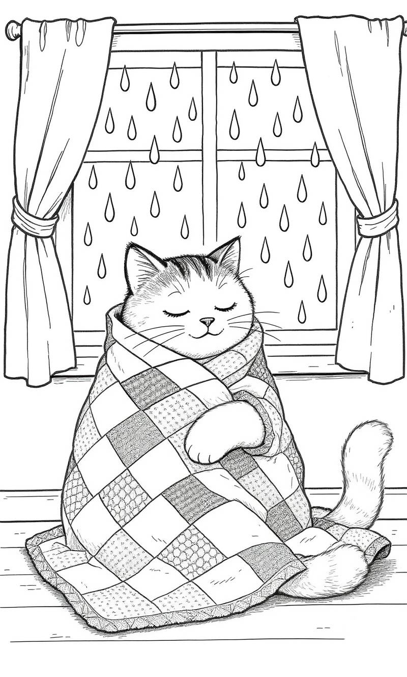 Página para colorear en blanco y negro de un gato relajado envuelto en una colcha de retazos, sentado frente a una ventana con gotas de lluvia afuera.