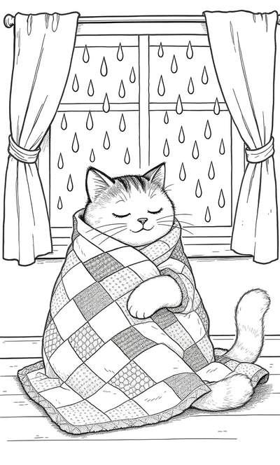Página para colorear en blanco y negro de un gato relajado envuelto en una colcha de retazos, sentado frente a una ventana con gotas de lluvia afuera.