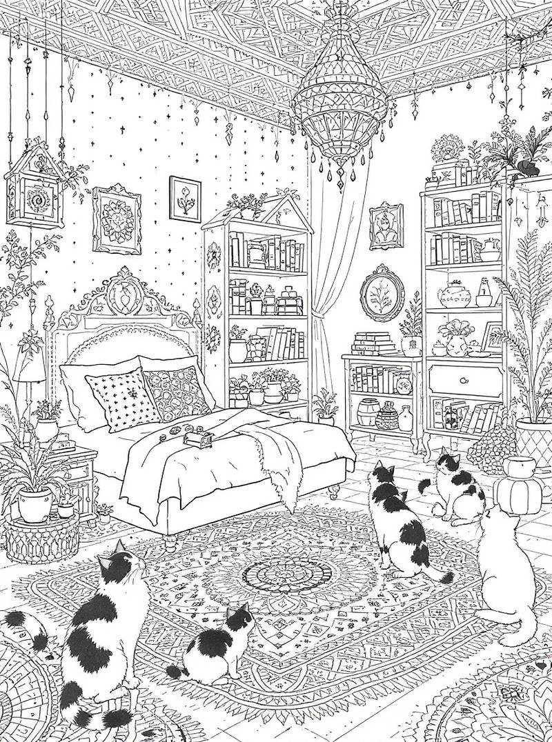 Página para colorear en blanco y negro de una biblioteca-dormitorio ornamentada llena de plantas, con una cama con dosel, una lámpara de araña colgante, estanterías, marcos decorativos y cinco gatos sentados sobre una alfombra detallada.