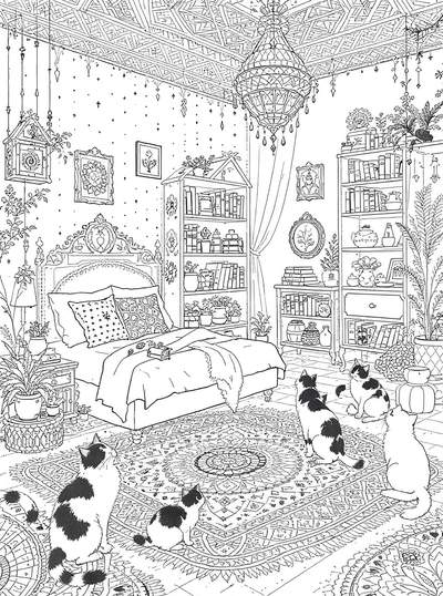 Página para colorear en blanco y negro de una biblioteca-dormitorio ornamentada llena de plantas, con una cama con dosel, una lámpara de araña colgante, estanterías, marcos decorativos y cinco gatos sentados sobre una alfombra detallada.