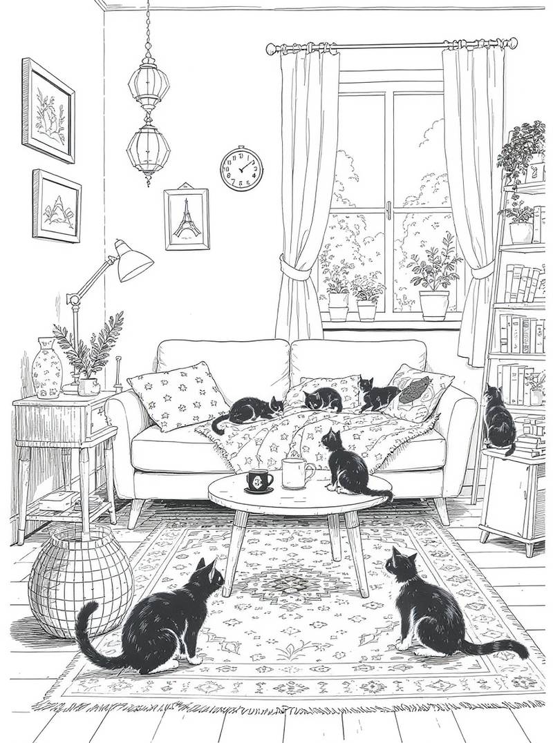 Dibujo lineal en blanco y negro del interior de una sala de estar que muestra un sofá junto a una ventana, una mesa de centro, una alfombra, plantas, estanterías llenas de libros y una docena de gatos descansando y explorando el espacio.