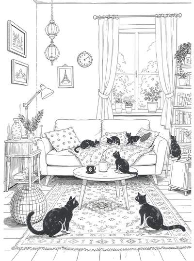 Dibujo lineal en blanco y negro del interior de una sala de estar que muestra un sofá junto a una ventana, una mesa de centro, una alfombra, plantas, estanterías llenas de libros y una docena de gatos descansando y explorando el espacio.