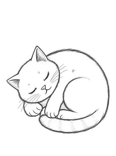 Dibujo lineal de un gato acurrucado durmiendo.