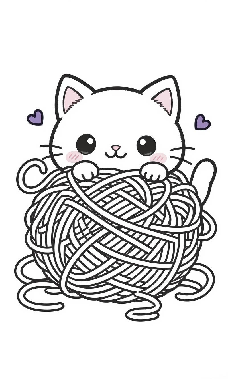 Dibujo lineal en blanco y negro de un gatito juguetón asomándose por encima de una gran bola de lana enredada, con dos pequeños corazones a cada lado.