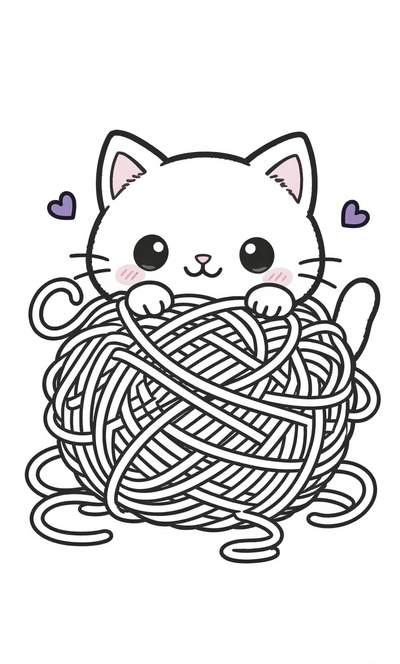 Dibujo lineal en blanco y negro de un gatito juguetón asomándose por encima de una gran bola de lana enredada, con dos pequeños corazones a cada lado.