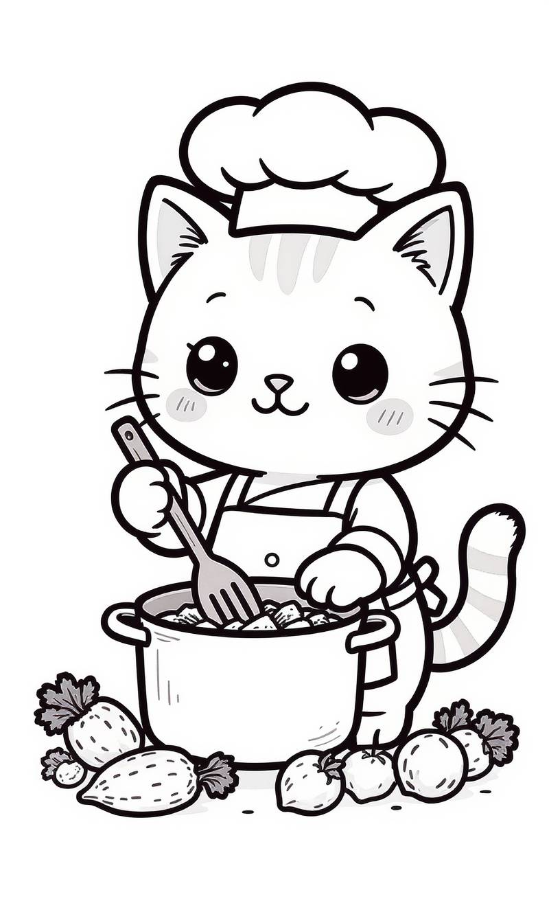 Página para colorear en blanco y negro de un gato con sombrero de chef y delantal removiendo una olla con verduras alrededor.