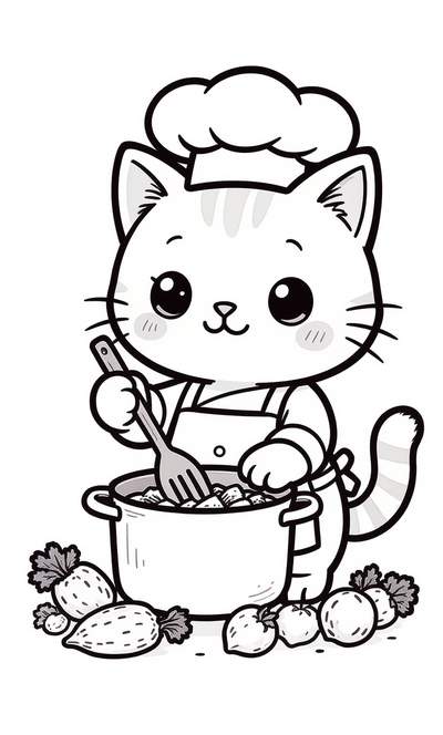 Página para colorear en blanco y negro de un gato con sombrero de chef y delantal removiendo una olla con verduras alrededor.
