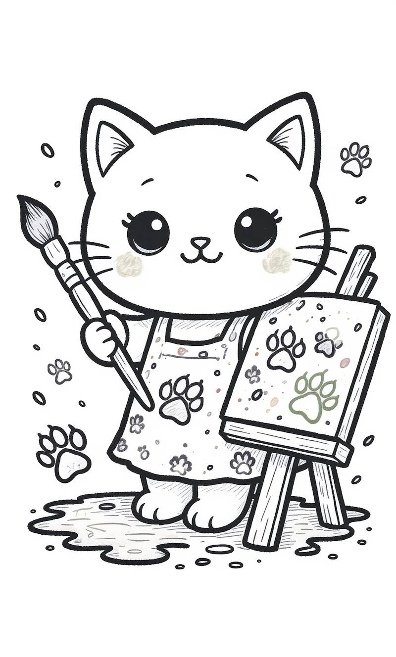 Dibujo lineal de un gato adorable con un delantal, sosteniendo un pincel mientras pinta huellas de patas en un lienzo.