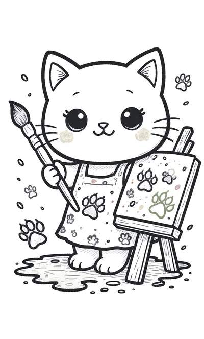 Dibujo lineal de un gato adorable con un delantal, sosteniendo un pincel mientras pinta huellas de patas en un lienzo.
