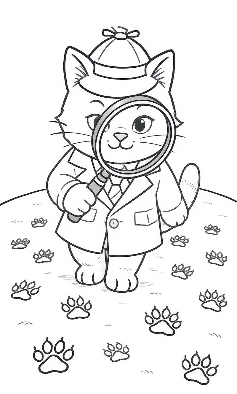 Página para colorear en blanco y negro de un gato detective que lleva sombrero y abrigo, sostiene una lupa y examina huellas de patas.