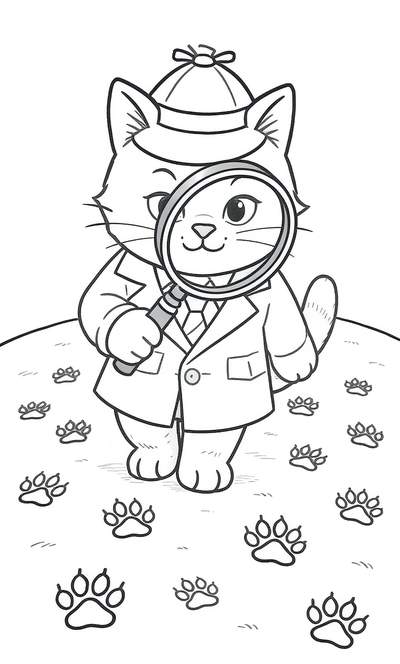 Página para colorear en blanco y negro de un gato detective que lleva sombrero y abrigo, sostiene una lupa y examina huellas de patas.
