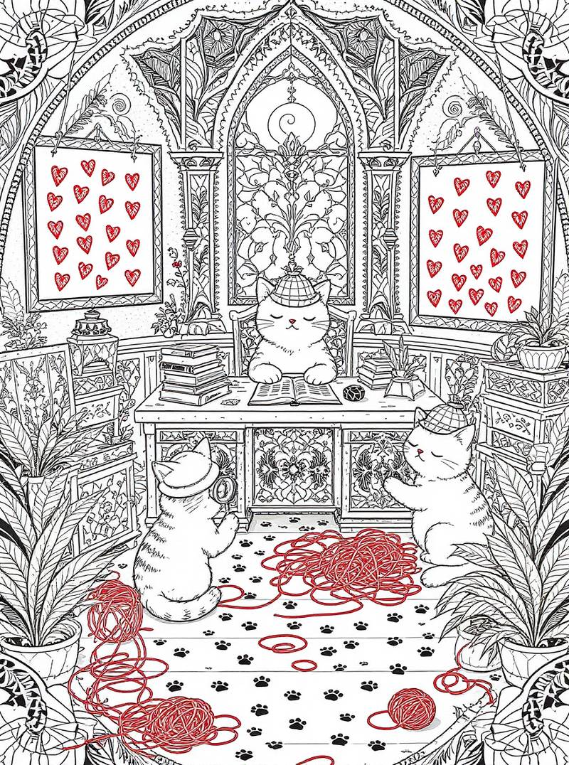 Tres gatos con sombreros de detective en un estudio decorativo con hilo rojo, huellas de patas, libros, plantas y corazones enmarcados.