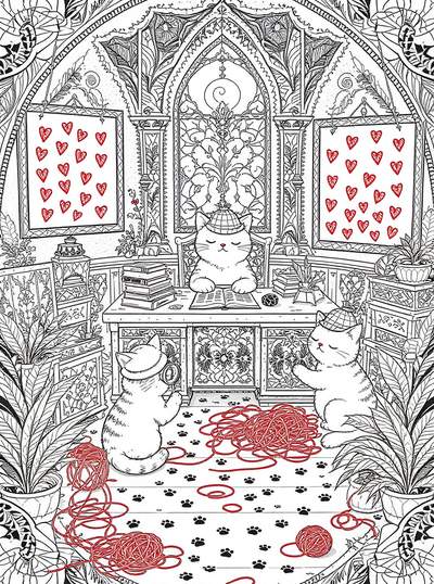 Tres gatos con sombreros de detective en un estudio decorativo con hilo rojo, huellas de patas, libros, plantas y corazones enmarcados.