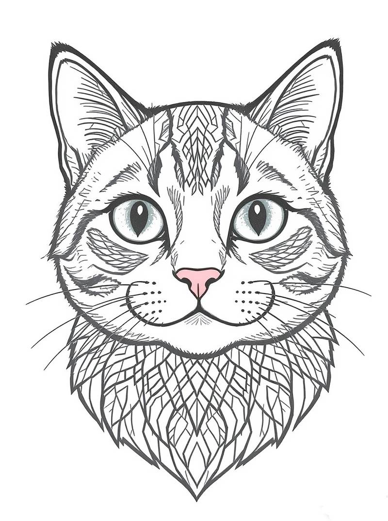 Arte lineal en blanco y negro de la cara de un gato, llena de patrones geométricos y florales decorativos.