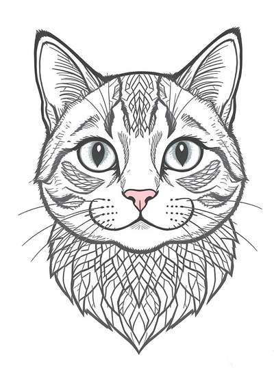 Arte lineal en blanco y negro de la cara de un gato, llena de patrones geométricos y florales decorativos.