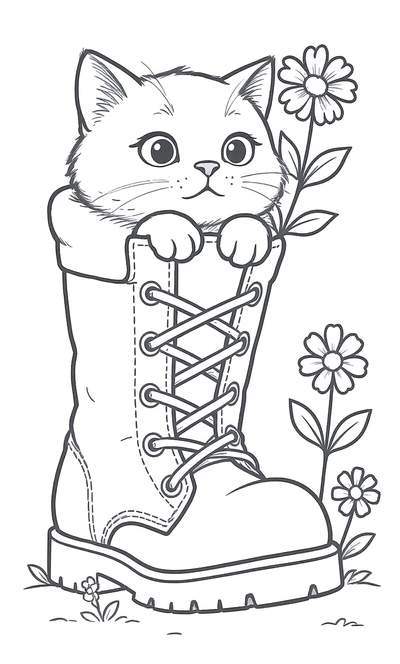 Dibujo lineal en blanco y negro de un gatito asomándose desde una bota con cordones, rodeado de flores.