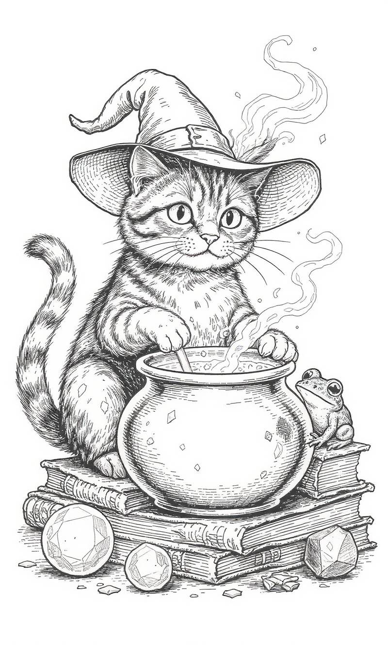 Dibujo lineal en blanco y negro de un gatito con sombrero de bruja removiendo un caldero burbujeante sobre libros apilados, con una pequeña rana y gemas dispersas a su alrededor.