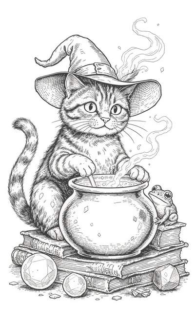 Dibujo lineal en blanco y negro de un gatito con sombrero de bruja removiendo un caldero burbujeante sobre libros apilados, con una pequeña rana y gemas dispersas a su alrededor.