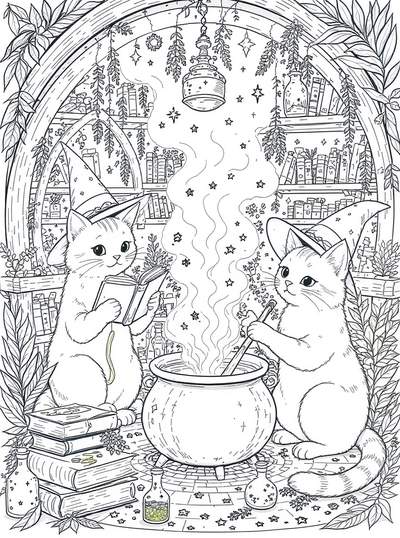 Arte lineal en blanco y negro de dos gatitos con sombreros de bruja removiendo un caldero burbujeante, rodeados de libros, plantas y frascos de pociones dentro de una biblioteca mágica.