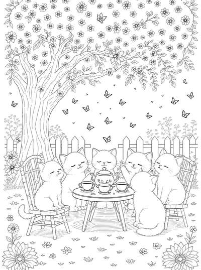 Dibujo lineal en blanco y negro de cinco gatitos sentados alrededor de una pequeña mesa con una tetera y tazas de té, bajo un gran árbol en flor con flores dispersas, mariposas y flores de jardín.