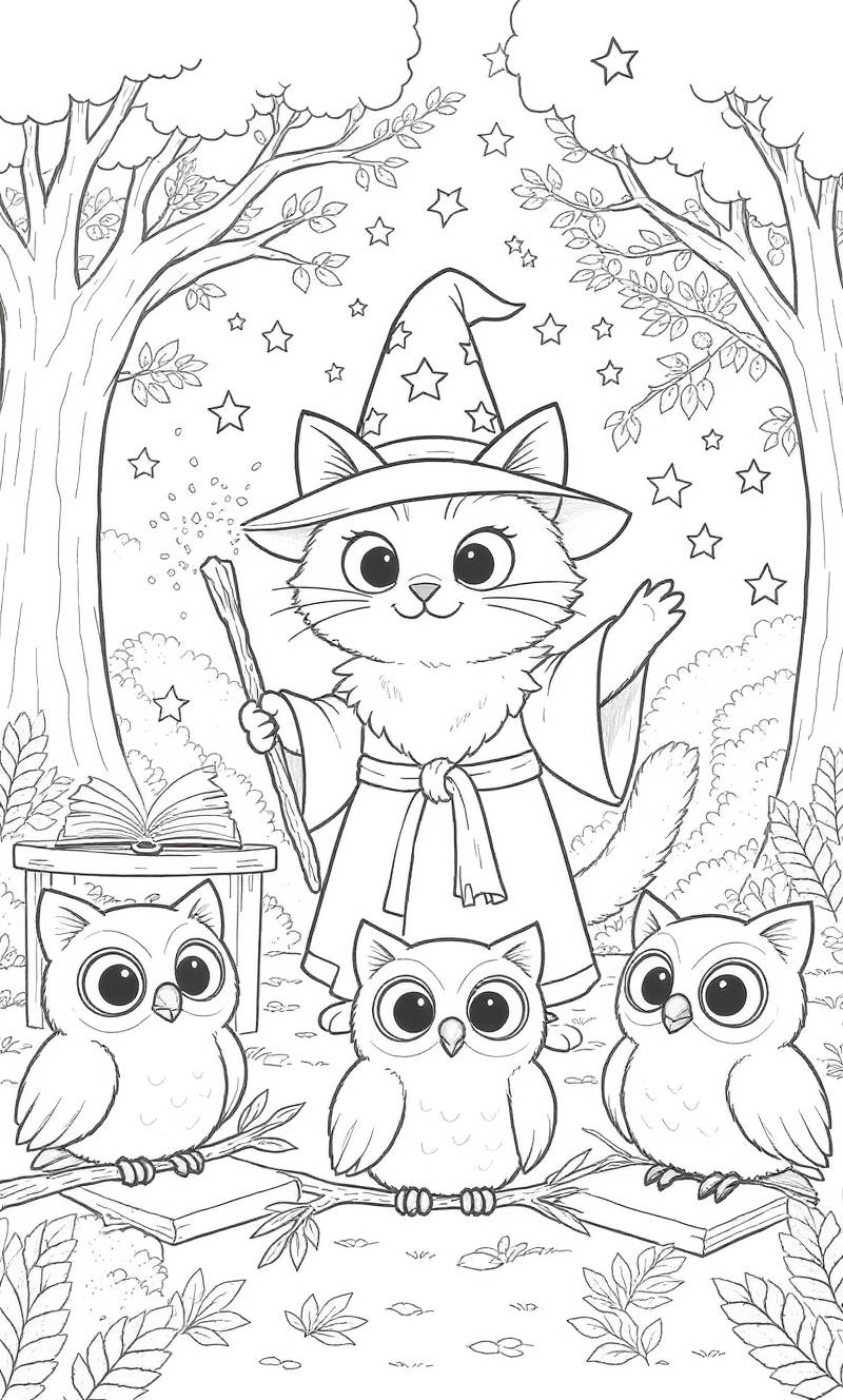 Dibujo lineal de un gato con sombrero y túnica de mago que sostiene una varita en un claro del bosque, con estrellas en el cielo y tres búhos de grandes ojos posados en una rama.