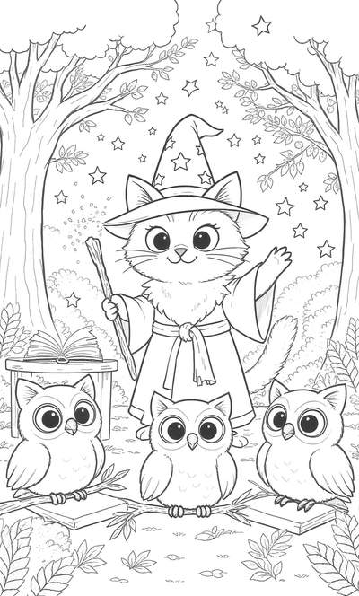 Dibujo lineal de un gato con sombrero y túnica de mago que sostiene una varita en un claro del bosque, con estrellas en el cielo y tres búhos de grandes ojos posados en una rama.