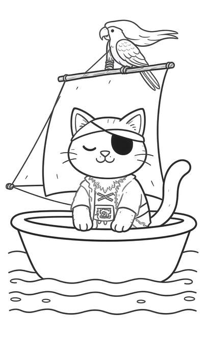Ilustración lineal para colorear de un gato con parche en el ojo y atuendo de pirata, de pie en un pequeño velero con un loro posado en el mástil sobre aguas onduladas.