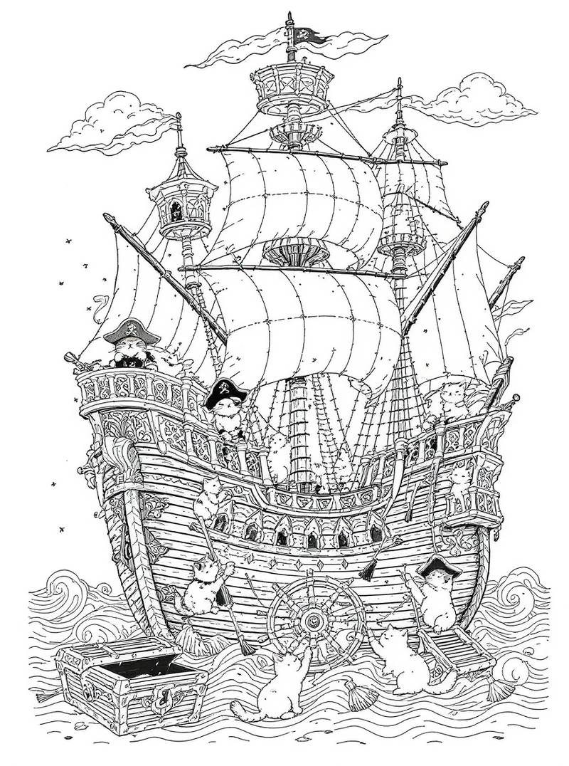 Arte lineal de un gran barco pirata tripulado por gatos juguetones con sombreros tricornios, con las velas desplegadas, un cofre del tesoro flotando cerca, y gatos limpiando y llevando el timón en mares ondulados.