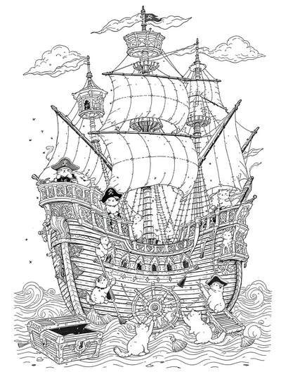 Arte lineal de un gran barco pirata tripulado por gatos juguetones con sombreros tricornios, con las velas desplegadas, un cofre del tesoro flotando cerca, y gatos limpiando y llevando el timón en mares ondulados.
