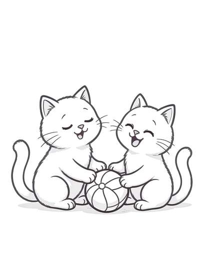 Dos alegres gatitos sentados uno al lado del otro jugando con una pelota de rayas.