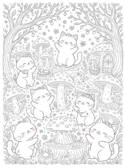 Página para colorear en arte lineal de seis gatitos felices con coronas de flores, jugando entre grandes hongos moteados y tocones de árbol en un bosque mágico con flores y bayas colgantes.