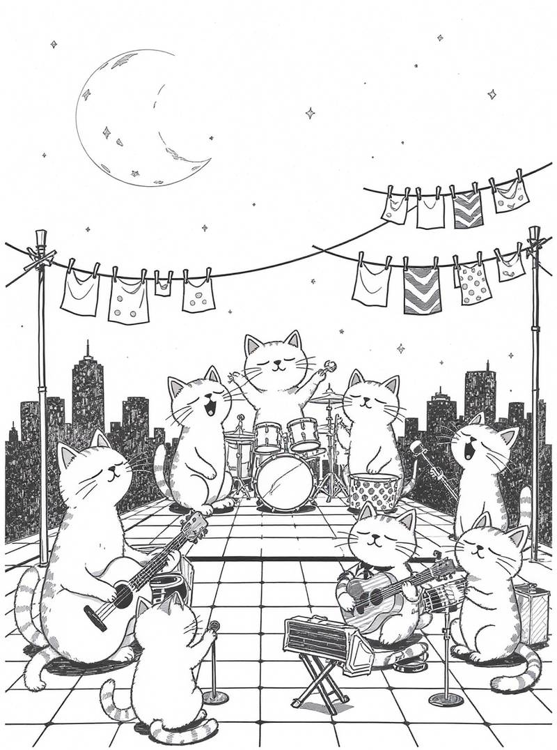 Dibujo lineal en blanco y negro de gatos tocando instrumentos musicales en una azotea de tejas por la noche, con el horizonte de la ciudad, la luna, las estrellas y ropa colgada por encima.