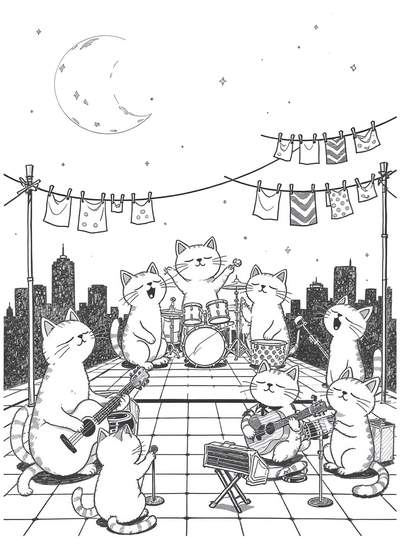 Dibujo lineal en blanco y negro de gatos tocando instrumentos musicales en una azotea de tejas por la noche, con el horizonte de la ciudad, la luna, las estrellas y ropa colgada por encima.
