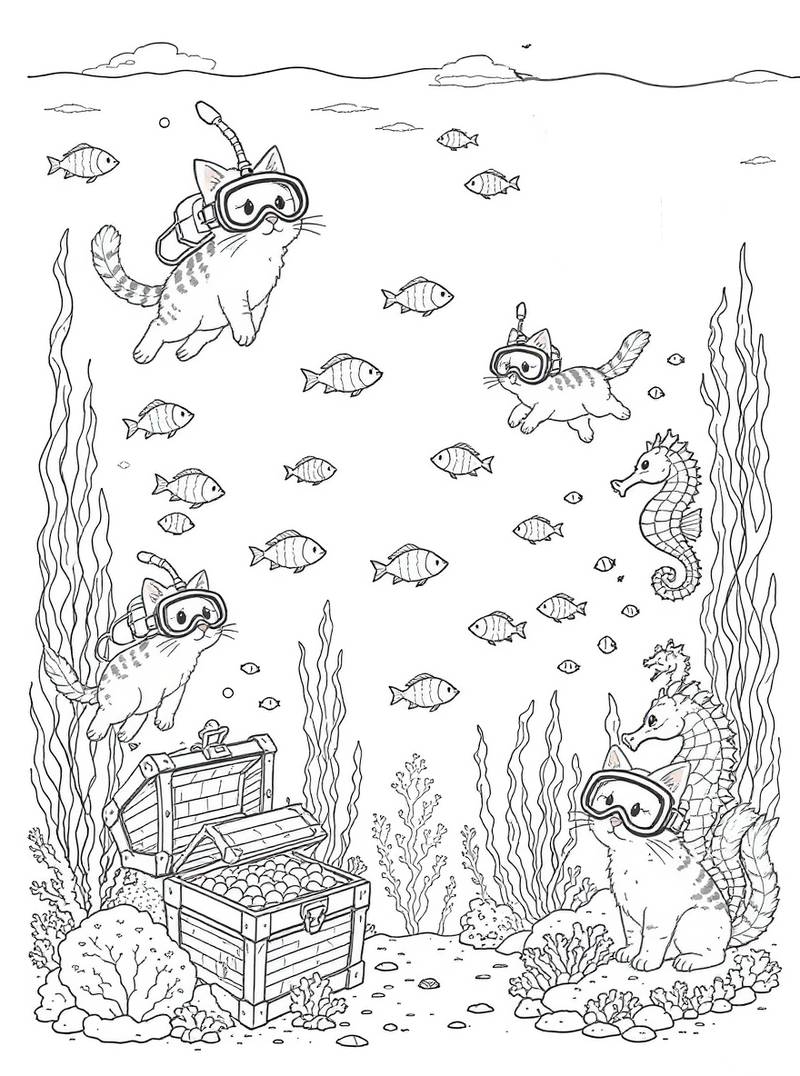 Dibujo lineal de cuatro gatos con máscara de buceo y tubo de esnórquel explorando el fondo del océano con peces, caballitos de mar, algas, corales y un cofre del tesoro abierto.