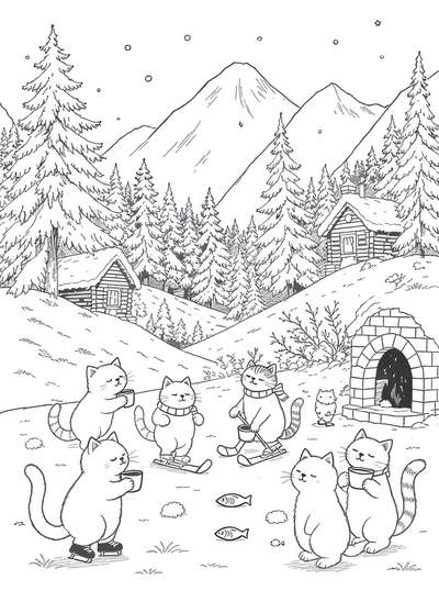 Página para colorear de arte lineal con gatos esquiando, patinando sobre hielo y tomando bebidas calientes junto a una chimenea en un bosque nevado con cabañas de troncos, pinos y montañas.