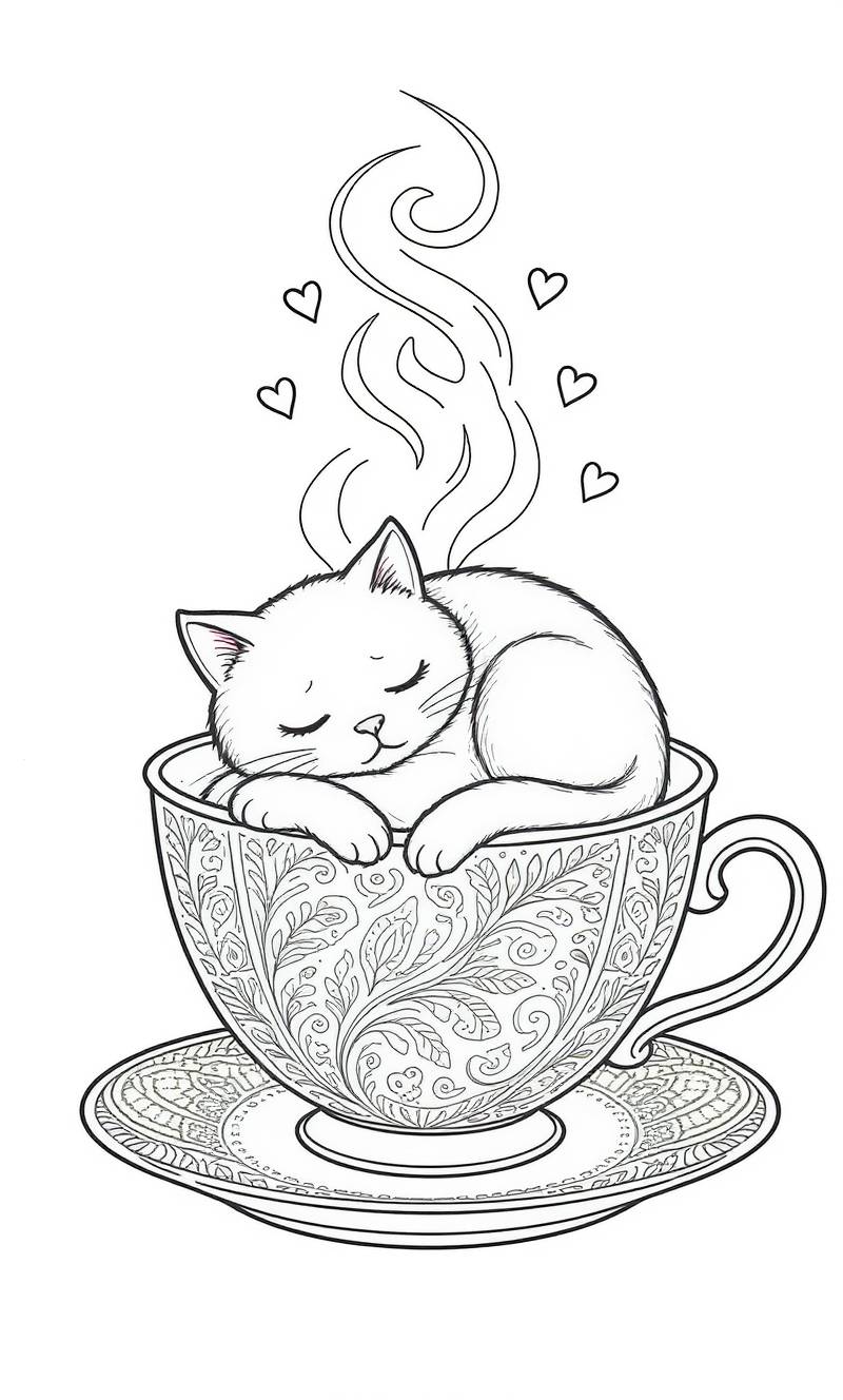 Arte lineal de un gatito acurrucado y dormido dentro de una taza de té con un patrón intrincado, con corazones y remolinos de vapor encima.