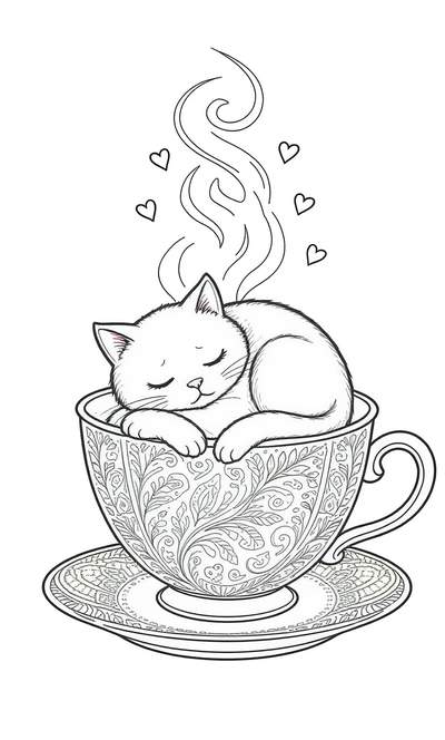 Arte lineal de un gatito acurrucado y dormido dentro de una taza de té con un patrón intrincado, con corazones y remolinos de vapor encima.