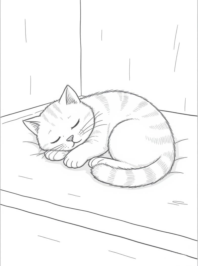 Dibujo lineal de un gato atigrado acurrucado y durmiendo sobre un cojín.