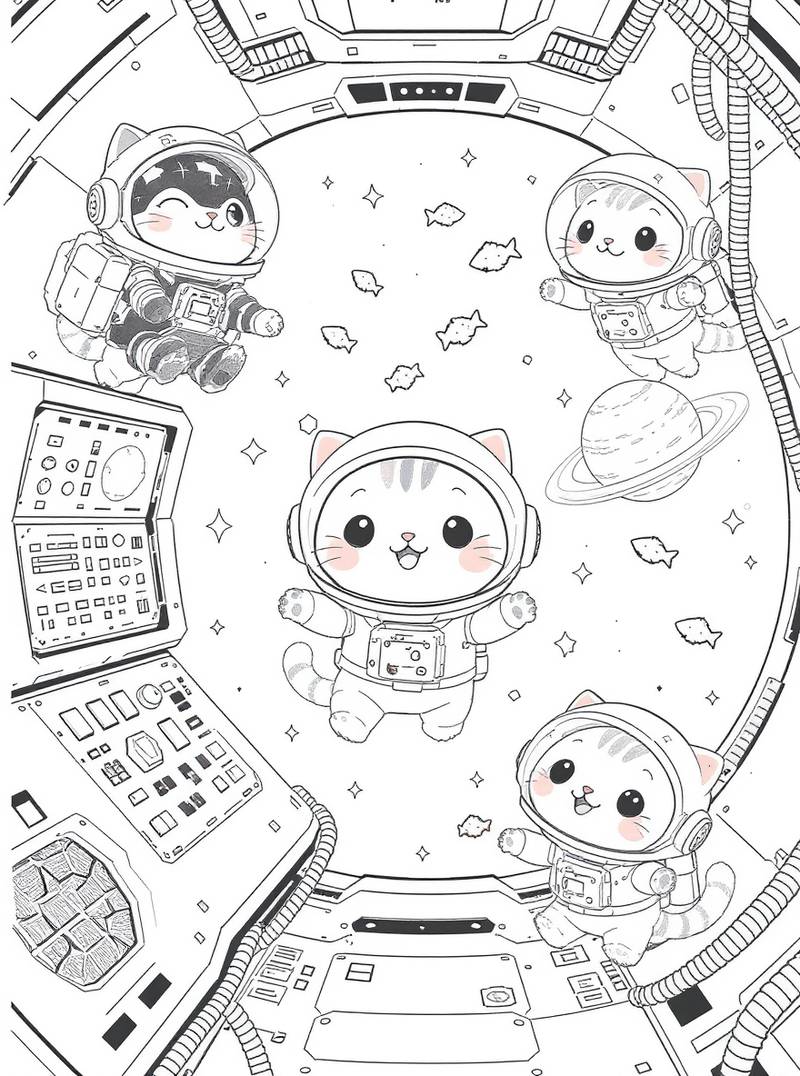 Página de arte lineal para colorear que muestra cuatro gatitos con trajes de astronauta flotando dentro de la ventana de una nave espacial, con estrellas, pequeños asteroides en forma de pez, paneles de control y un planeta con anillos.