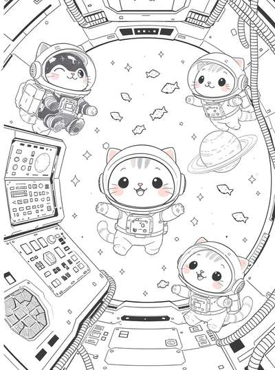 Página de arte lineal para colorear que muestra cuatro gatitos con trajes de astronauta flotando dentro de la ventana de una nave espacial, con estrellas, pequeños asteroides en forma de pez, paneles de control y un planeta con anillos.